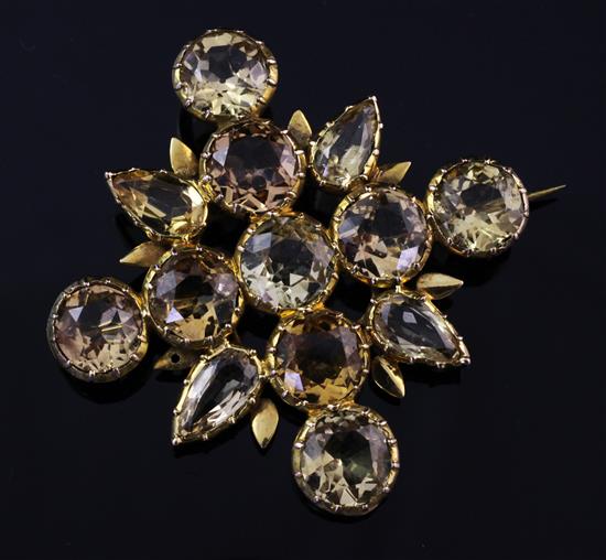 A gold and yellow topaz brooch, 2in.